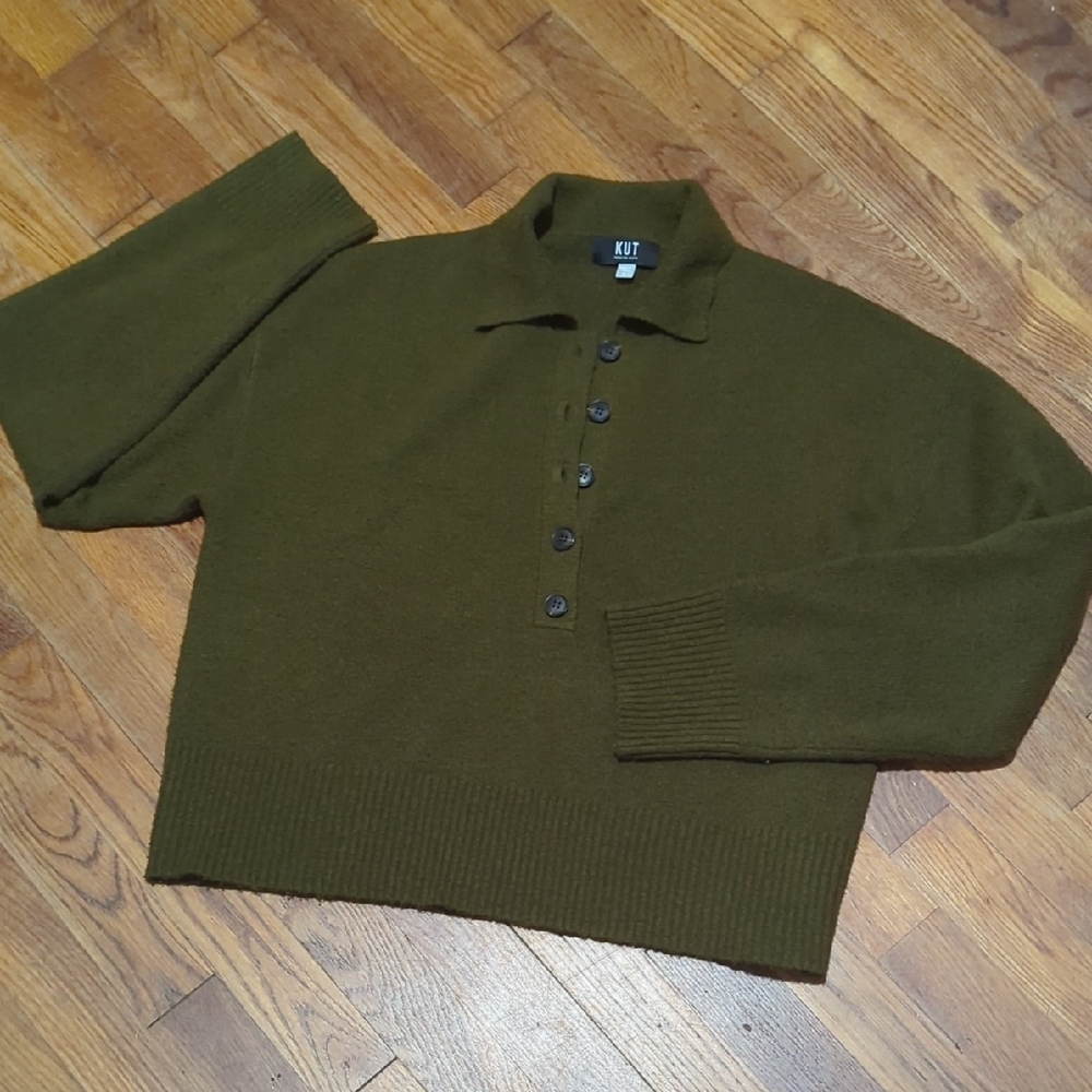 Kut From The Kloth CROPPED Polo Sweater GREEN Long Sleeve SZ L